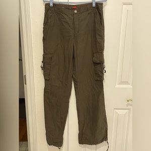 ESPRIT CARGO PANTS. Size 11. Tie cuffs. 32” waist, 31.5” inseam. Brownish Green.